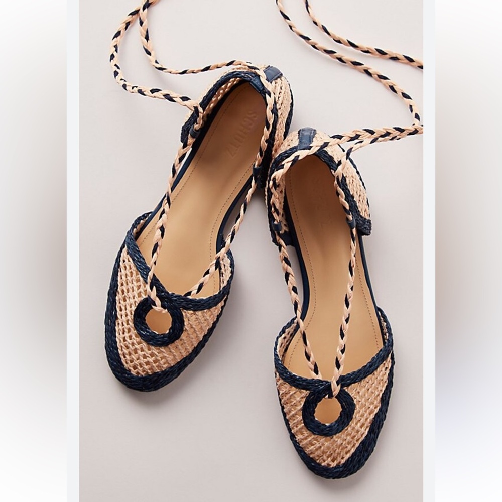 SCHUTZ Navy and Natural Woven Espadrille Lace-Up Flats